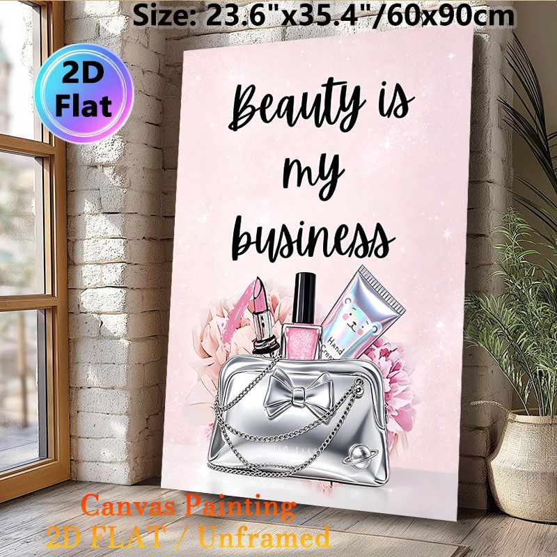 Beauty & Makeup Themed Painting Poster, Sparkly Pink Glamorous Cosmetic & Handbag Scene Poster, Motivational Quote Design Ideal For Beauty Salon_maomaolike.com