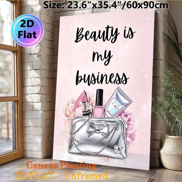 Beauty & Makeup Themed Painting Poster, Sparkly Pink Glamorous Cosmetic & Handbag Scene Poster, Motivational Quote Design Ideal For Beauty Salon_maomaolike.com