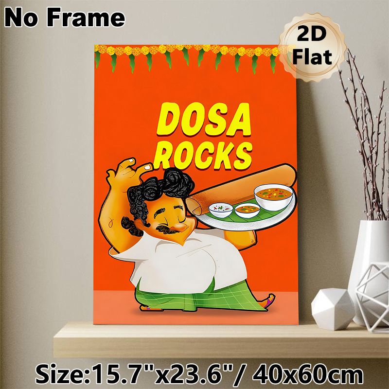 Dosa Themed Painting Poster, Vibrant Cartoon Style Poster, Cheerful Server Holding Dosa & Condiments, Eye-catching Culinary Decor Ideal For_maomaolike.com