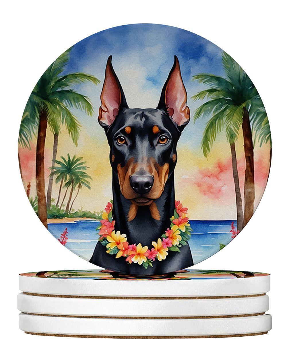 Doberman Pinscher Luau Large Sandstone Coasters Pack Of 4 Absorbent Round Coasters Decor Gifts For Men Or Women, 4 In, Multicolor_maomaolike.com