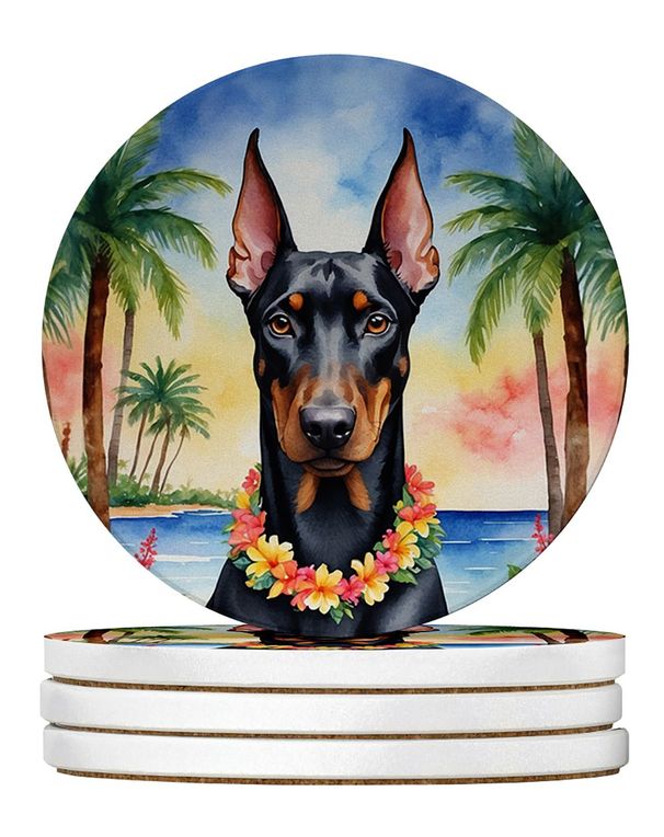 Doberman Pinscher Luau Large Sandstone Coasters Pack Of 4 Absorbent Round Coasters Decor Gifts For Men Or Women, 4 In, Multicolor_maomaolike.com