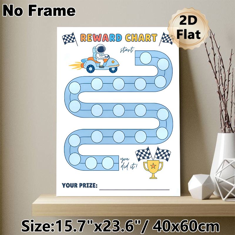 Astronaut Race Themed Reward Chart Painting Poster, Cute Cartoon Style Spaceman Driving Rocket Car On Track Poster, Practical Progress-tracking Option_maomaolike.com
