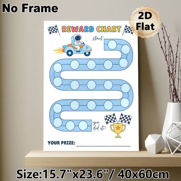 Astronaut Race Themed Reward Chart Painting Poster, Cute Cartoon Style Spaceman Driving Rocket Car On Track Poster, Practical Progress-tracking Option_maomaolike.com