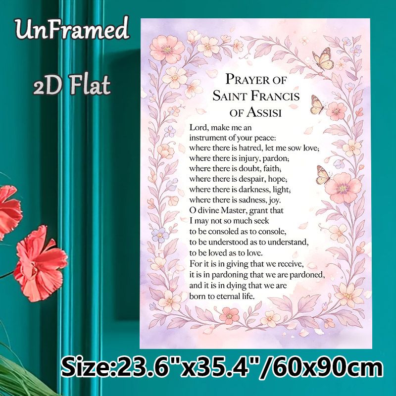 Prayer Of Saint Francis Of Assisi Painting Poster, Soft Watercolor Floral & Butterfly Framed Poster, Inspirational Religious Prayer Print, Ideal For_maomaolike.com