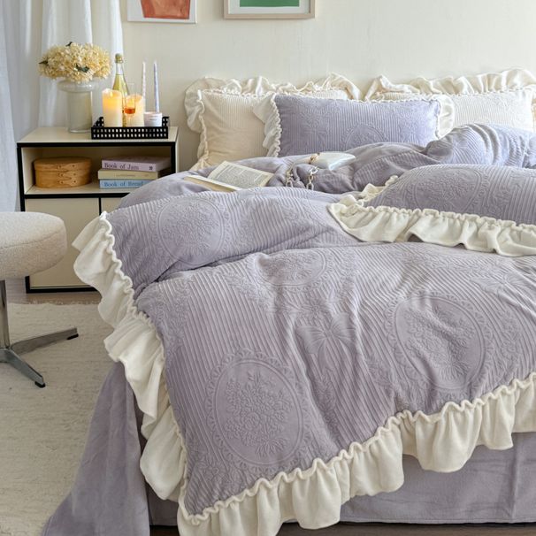Wholesale French Style Carved Four-Piece Autumn Winter Thickened Double-Sided Jacquard Milk Velvet Warm Coral Fleece 4-Piece Set_maomaolike.com