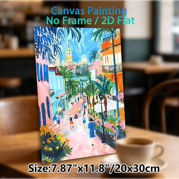 Tropical Town Street Painting Poster, Vibrant Brushstroke Style Poster, Lively Colorful Town Scene With Palm Trees And Pedestrians, Brings Warm_maomaolike.com