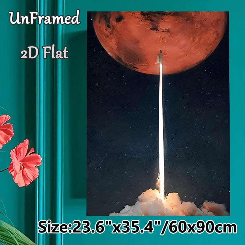 Mars & Rocket Launch Painting Poster, Dramatic Space Art Poster, Striking Rocket Launching Toward Red Mars Against Starry Sky, Ideal Decor For Home_maomaolike.com