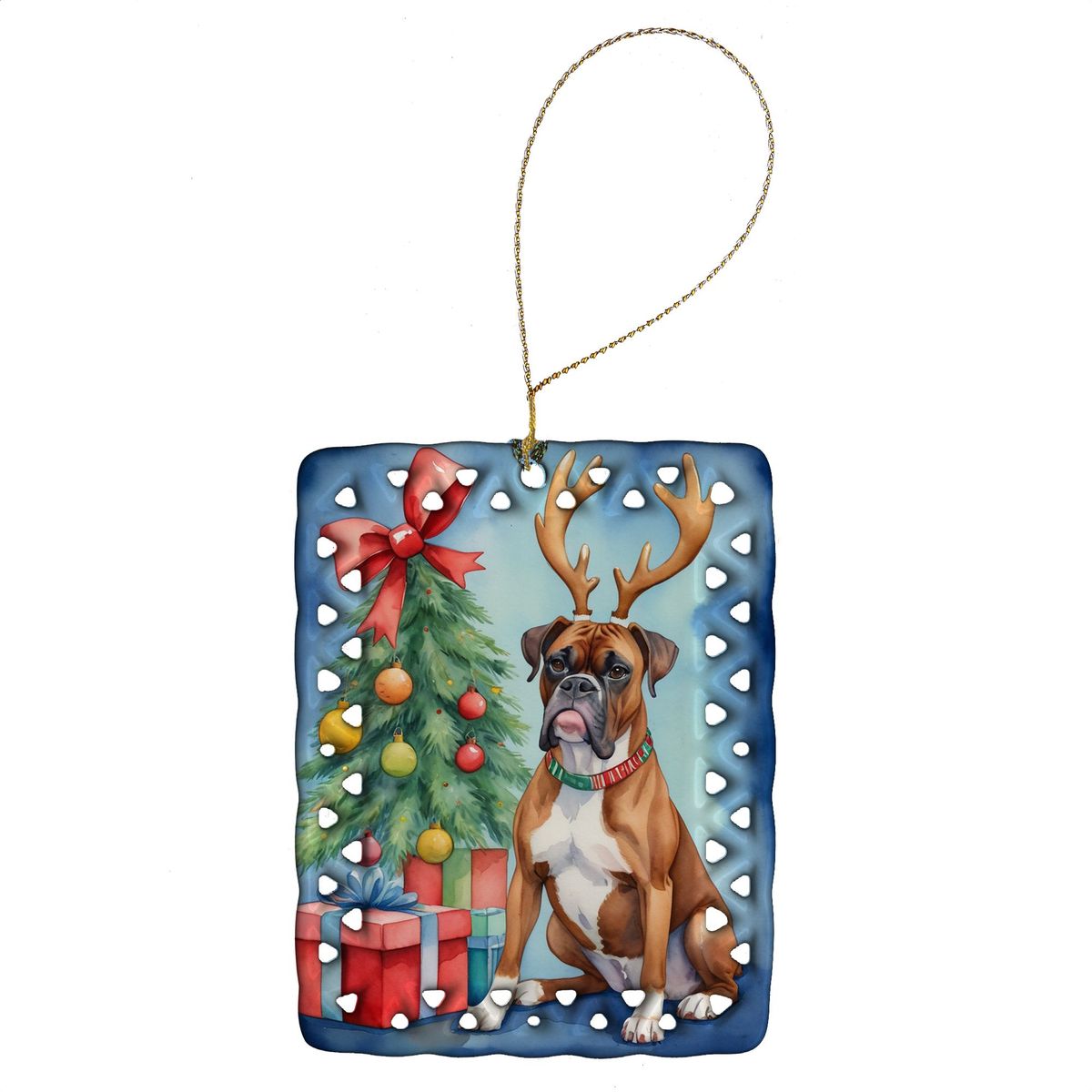 Boxer Christmas Reindeer Porcelain Ornament Christmas Tree Hanging Decorations For Home Christmas Holiday, Rectangle, Gift, Multicolor_maomaolike.com