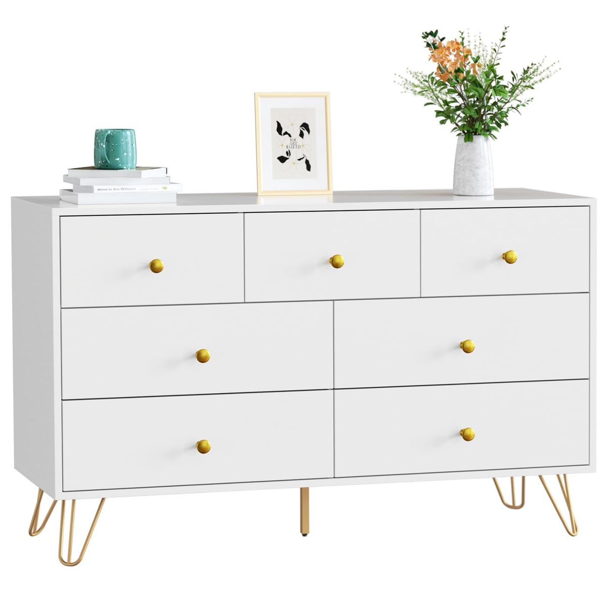 7 Drawer Dresser For Bedroom, Storage Cabinet With Golden Handles, Modern Closet Of Drawers For Living Room_maomaolike.com