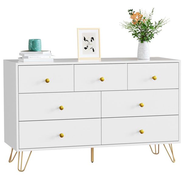 7 Drawer Dresser For Bedroom, Storage Cabinet With Golden Handles, Modern Closet Of Drawers For Living Room_maomaolike.com