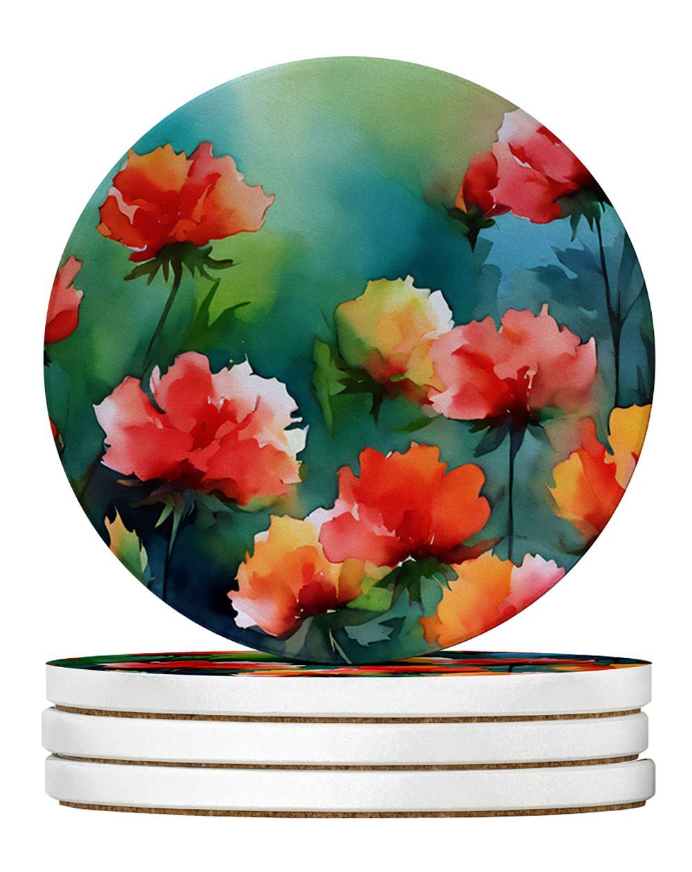 Ohio Scarlet Carnations In Watercolor Large Sandstone Coasters Pack Of 4 Absorbent Round Coasters Decor Gifts For Men Or Women, 4 In, Multicolor_maomaolike.com