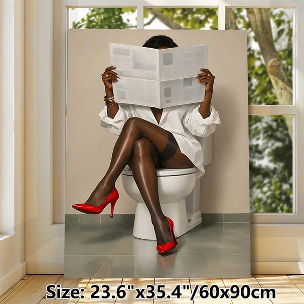 Fashionable Lady Reading Newspaper Painting Poster, Sleek Modern Portrait Poster, Eye-catching Decorative Piece For Bathroom Wall Decor_maomaolike.com