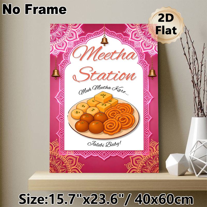 Indian Sweets Meetha Station Painting Poster, Vibrant Traditional Indian Style Poster, Featuring Assorted Festive Desserts With Ornate Mandala Border_maomaolike.com
