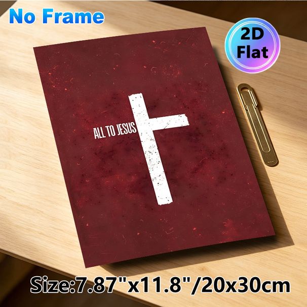 Christian Cross Painting Poster, Vintage Distressed White Cross With "ALL TO JESUS" Text Poster, Inspirational Religious Decor For Living Room, Prayer_maomaolike.com