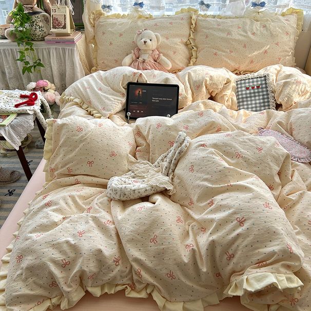 Soft And Fluffy Girly Heart Cloud Feel Double Layer Gauze Ruffled Edge Floral Four-Piece Student Dormitory Three-Piece Set Wholesa_maomaolike.com