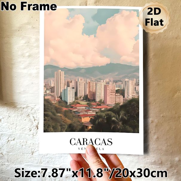 Caracas Cityscape Painting Poster, Soft-toned Watercolor Style Urban Skyline With Mountains & Buildings Poster, Captures Local City Charm, Ideal For_maomaolike.com