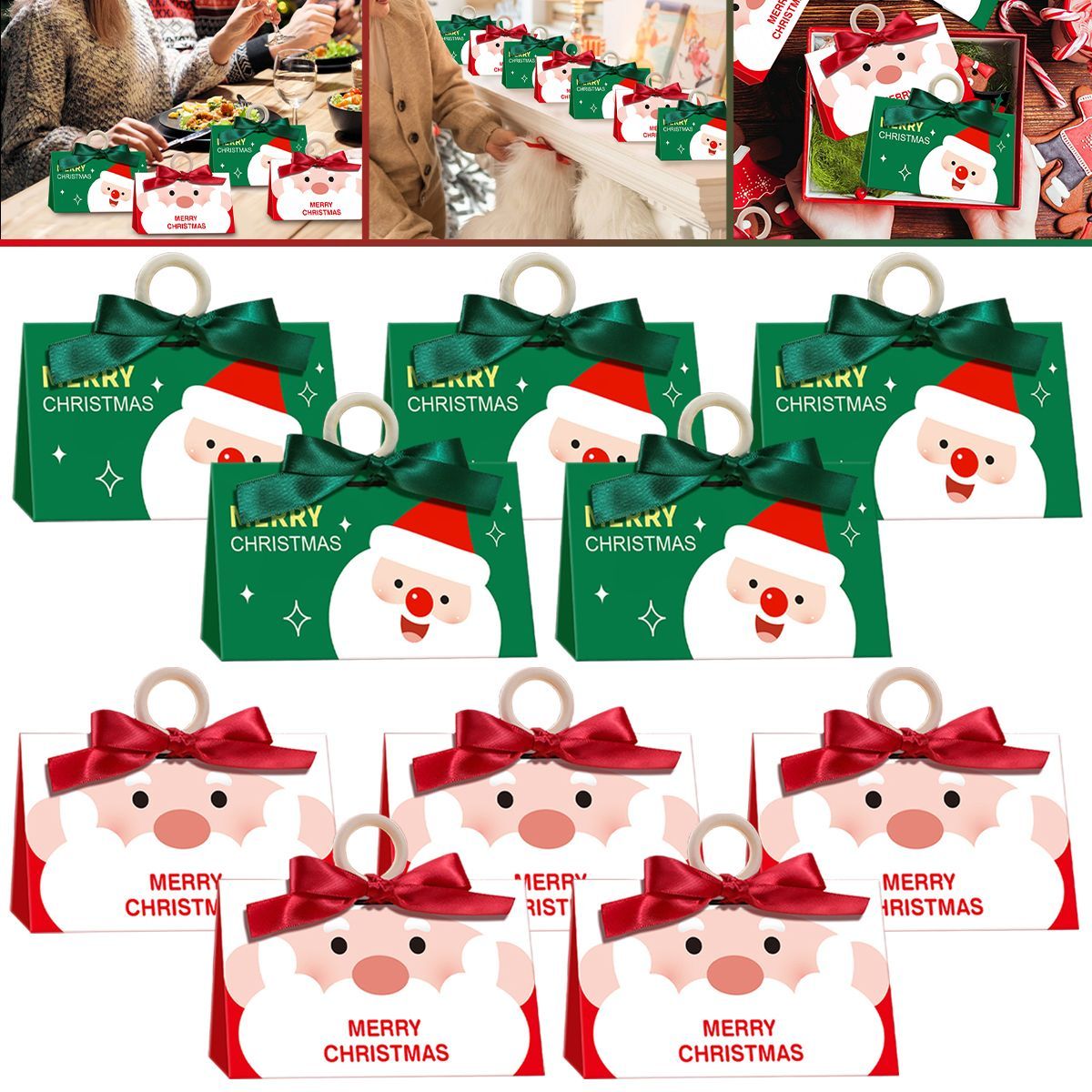 10 Pcs Christmas Candy Boxes With Ribbon And Wooden Ring Merry Christmas Santa Claus Pattern Cookie Goodie Box Cartoon Paper Treat Box For Christmas Gift Wrapping Holiday Party Supplies_maomaolike.com