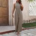 Women's clothing elastic waist high collar halter neck sleeveless floral wide-leg casual pants jumpsuit_maomaolike.com