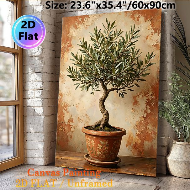 Olive Bonsai Painting Poster, Oil-painting Style Textured Potted Olive Tree Poster, Calming Natural Decor Ideal For Living Room, Dining Area_maomaolike.com
