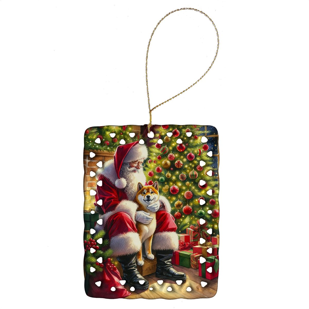 Shiba Inu And Santa Claus Porcelain Ornament Christmas Tree Hanging Decorations For Home Christmas Holiday, Rectangle, Gift, Multicolor_maomaolike.com