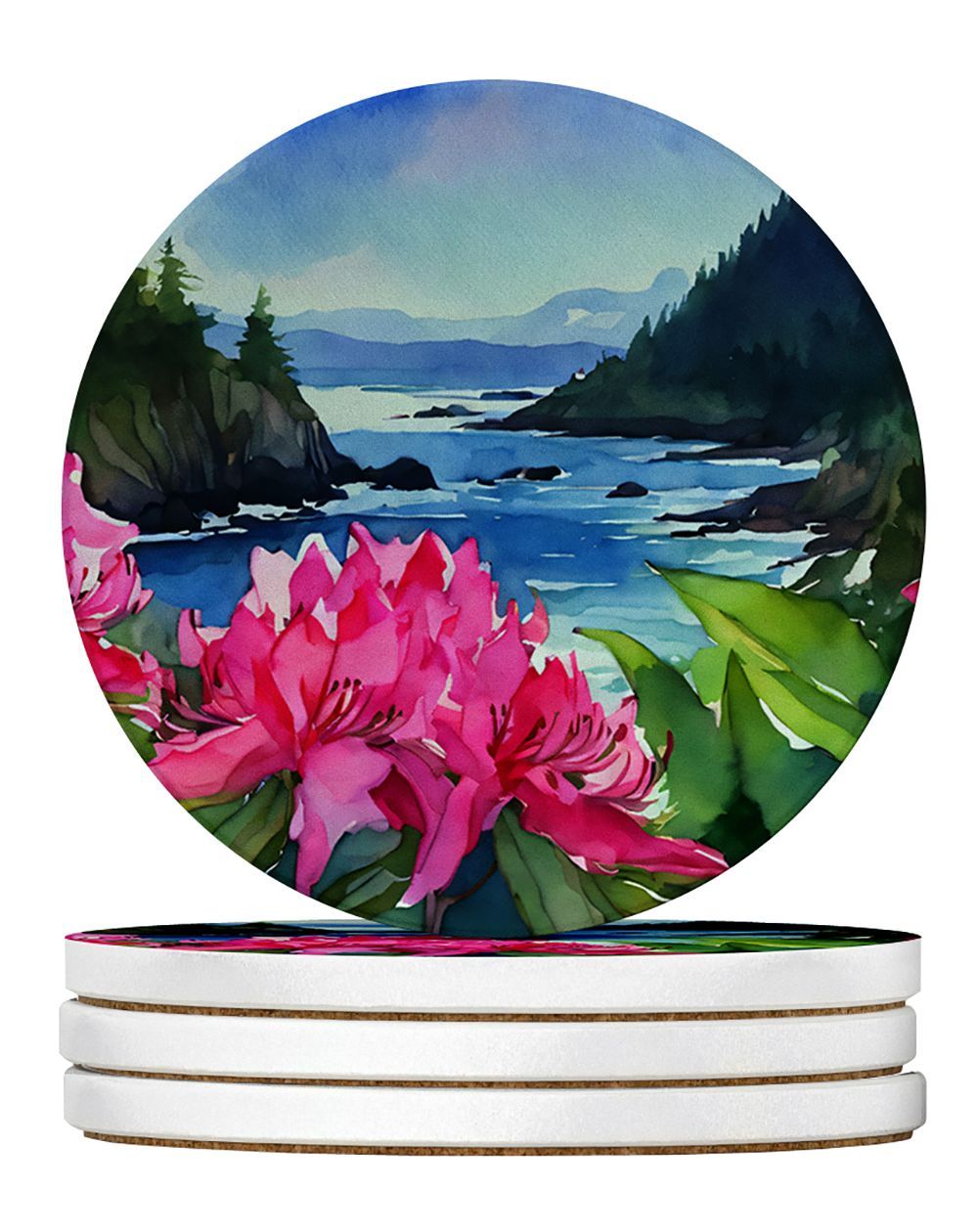Washington Coast Rhododendrons In Watercolor Large Sandstone Coasters Pack Of 4 Absorbent Round Coasters Decor Gifts For Men Or Women, 4 In, Multicolor_maomaolike.com