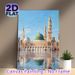 Mosque Themed Painting Poster, Soft-hued Realistic Islamic Architecture Scene Poster, Tranquil Domed Mosque With Reflection And Flying Birds, Ideal_maomaolike.com