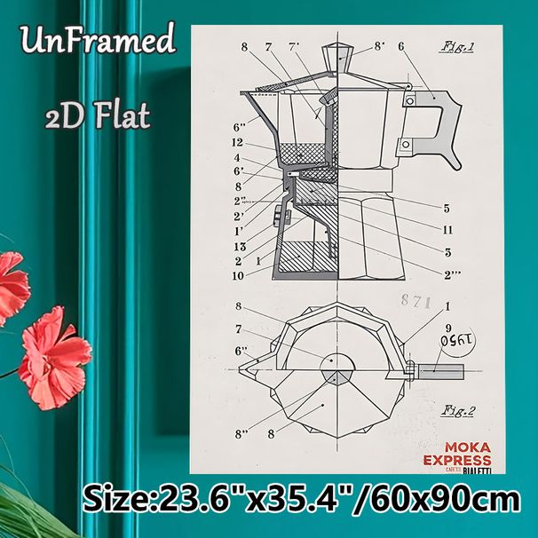 Moka Pot Blueprint Painting Poster, Vintage Technical Detailed Cross-section Moka Pot Illustration Poster, Brings Industrial-style Charm, Suitable For_maomaolike.com