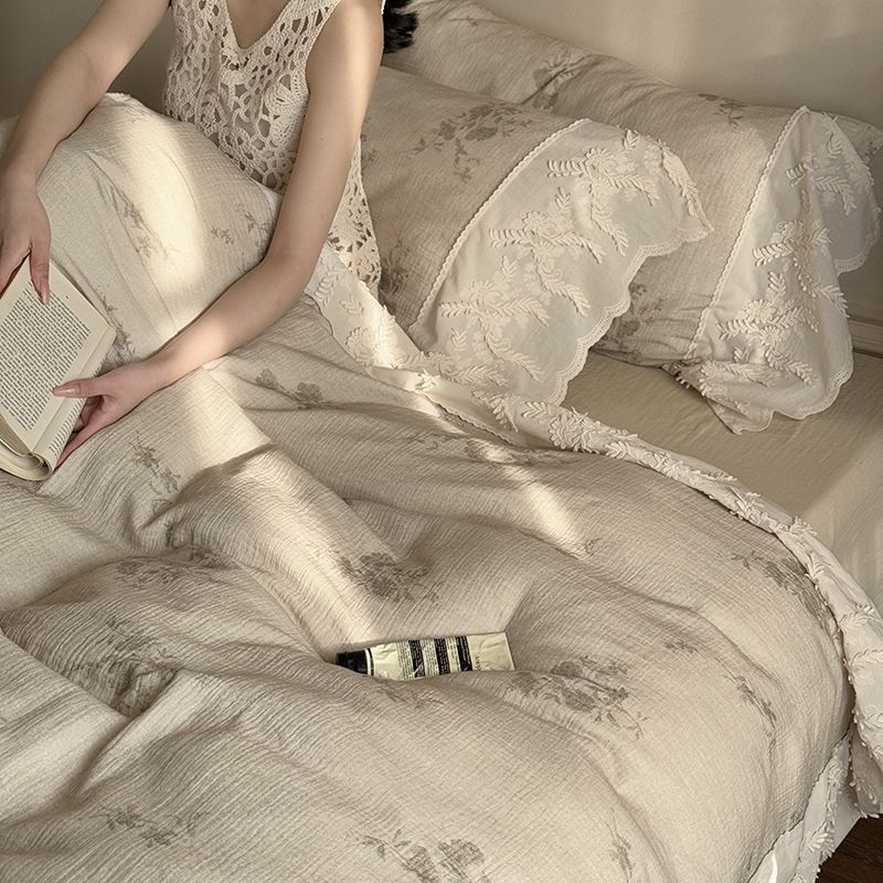 Wholesale INS French Princess Style Double Layer 4-Piece Lace Trim Pure Cotton Vintage Crinkled Gauze Four-Piece Set_maomaolike.com