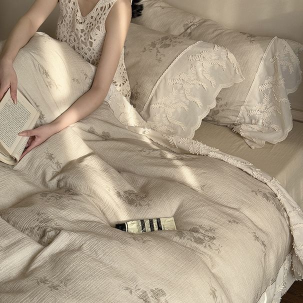 Wholesale INS French Princess Style Double Layer 4-Piece Lace Trim Pure Cotton Vintage Crinkled Gauze Four-Piece Set_maomaolike.com
