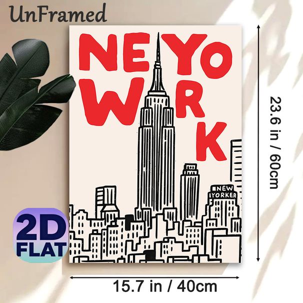 New York City Skyline Painting Poster, Bold Red Lettering & Hand-drawn Line Art Poster, Chic Urban Decor Ideal For Living Room, Office, Bedroom_maomaolike.com
