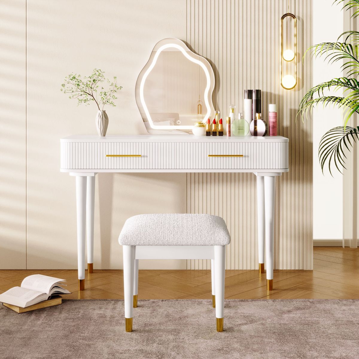 40" Modern Vanity Table Set With Mirror Touch Screen Lighted Mirror, Dressing Table And Cushioned Stool Set With 2 Large Drawers, White_maomaolike.com