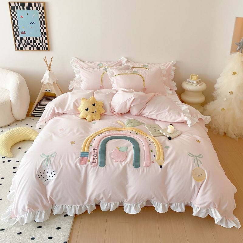 Beautiful Princess Style Pink Rainbow Ruffled Edge Washed Pure Cotton Children's Bedding Set Of Three Or Four Pieces_maomaolike.com