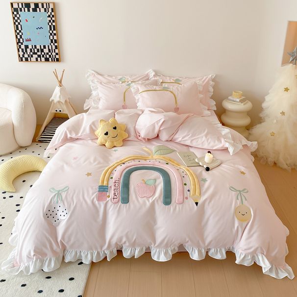 Beautiful Princess Style Pink Rainbow Ruffled Edge Washed Pure Cotton Children's Bedding Set Of Three Or Four Pieces_maomaolike.com
