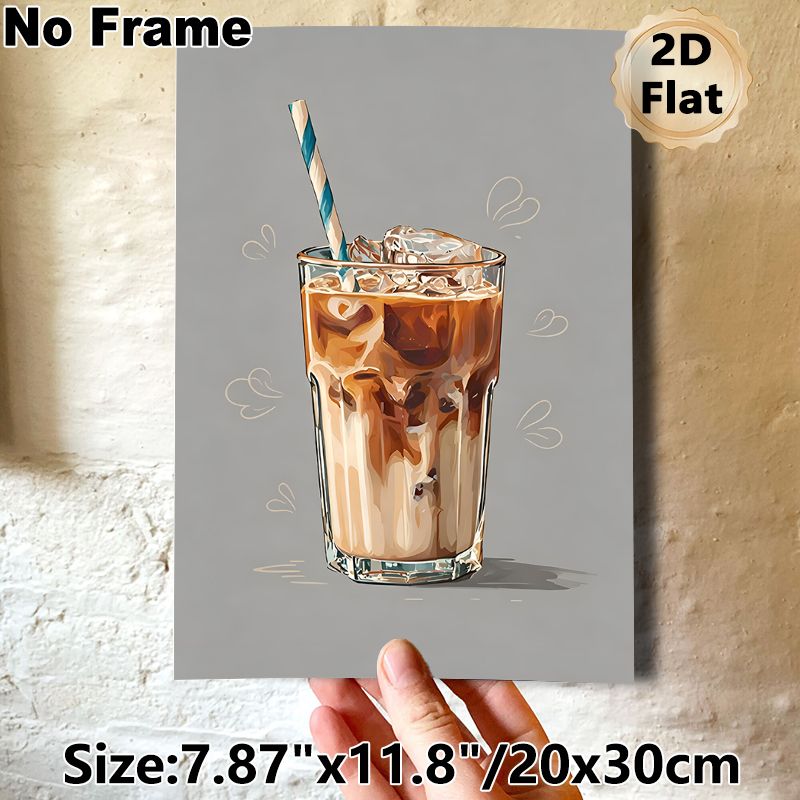 Iced Coffee Painting Poster, Warm-toned Stylized Art Poster, Creamy Iced Coffee In Glass With Striped Straw And Heart Outlines, Brings Cozy Vibe_maomaolike.com