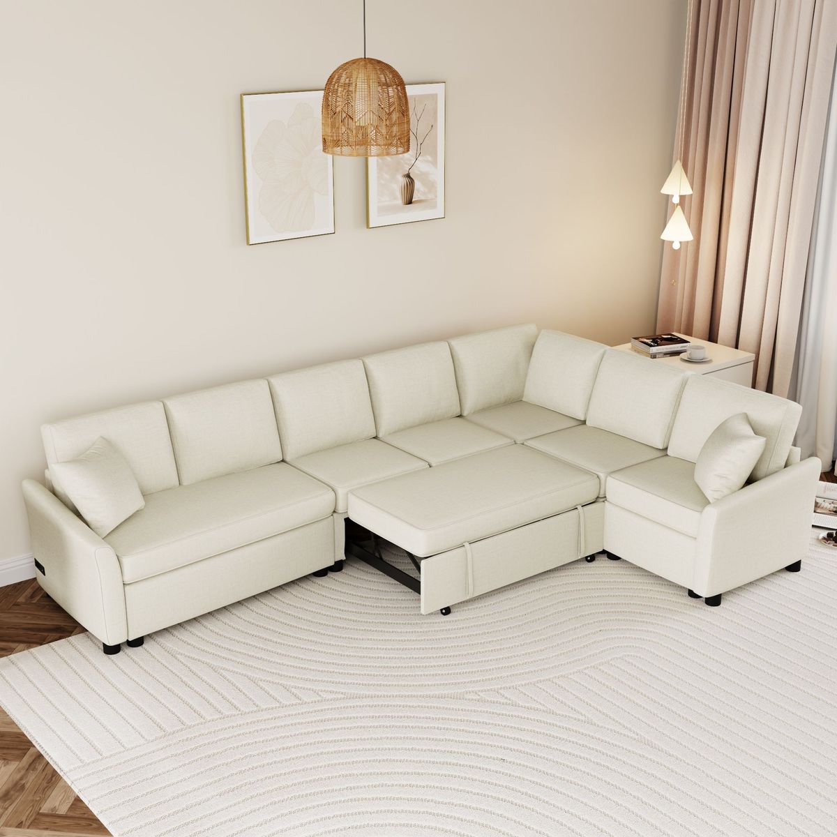 124.8"L-shaped Sofa Convertible Sofa Bed Pull Out Sofa Sleeper With Two Back Pillows, Two USB Ports And Two Power Sockets For Living Room_maomaolike.com