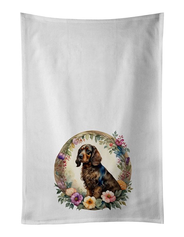 Field Spaniel And Flowers Kitchen Towel Set Of 2 White Dish Towels Decorative Bathroom Hand Towel For Hand, Face, Hair, Yoga, Tea, Dishcloth, 19 X 28", White_maomaolike.com