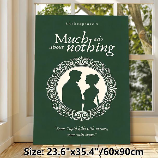 Shakespeare's Much Ado About Nothing Painting Poster, Vintage Elegant Silhouette Couple With Ornate Frame Poster, Classic Literary Quote Decor For_maomaolike.com