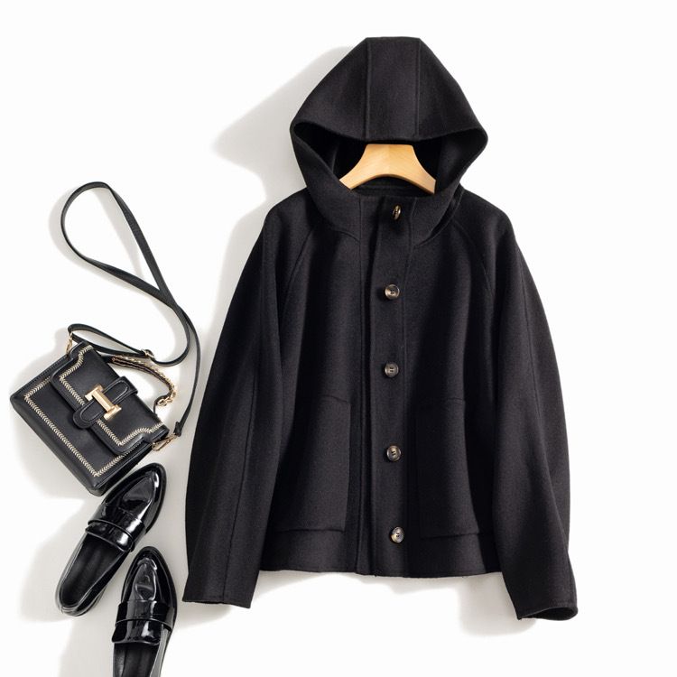 Women's Clothing quality double sided wool coat with hood and short button for women_maomaolike.com