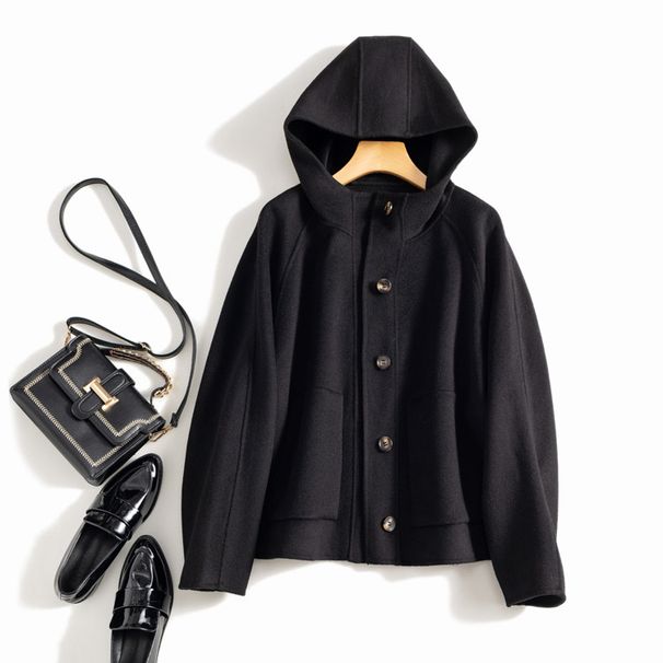 Women's Clothing quality double sided wool coat with hood and short button for women_maomaolike.com