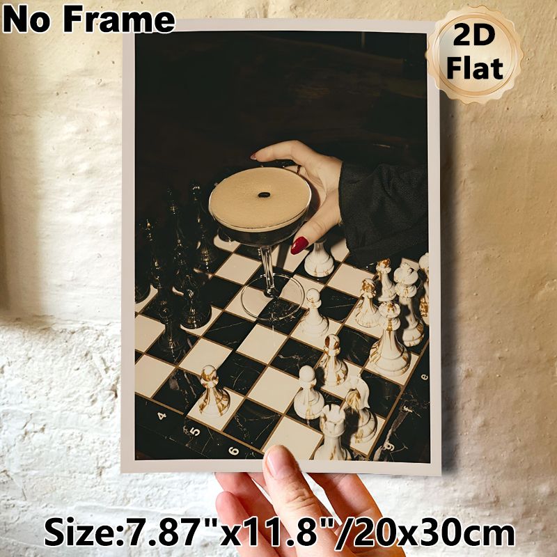 Chess & Cocktail Themed Painting Poster, Vintage Moody Scene Poster, Elegant Atmospheric Decor With Hand Holding Cocktail On Chessboard, Suitable For_maomaolike.com