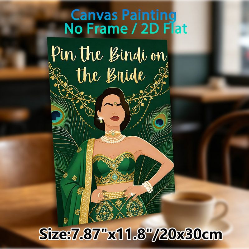 Pin The Bindi On The Bride Painting Poster, Luxurious Emerald-Gold Traditional Indian Bridal Poster, Interactive Party Game Decor Ideal For_maomaolike.com