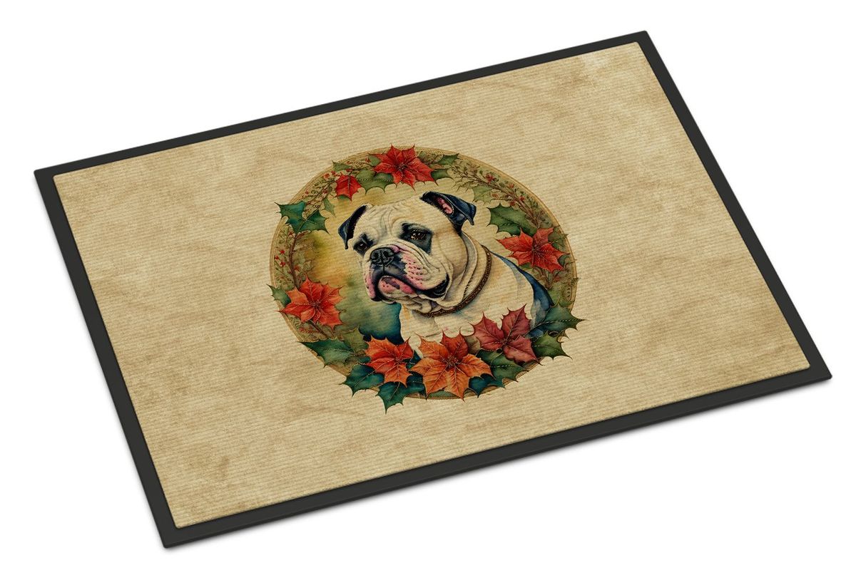 American Bulldog Christmas Flowers Doormat Front Door Mat Indoor Outdoor Rugs For Entryway, Non Slip Washable Low Pile, 24H X 36W_maomaolike.com