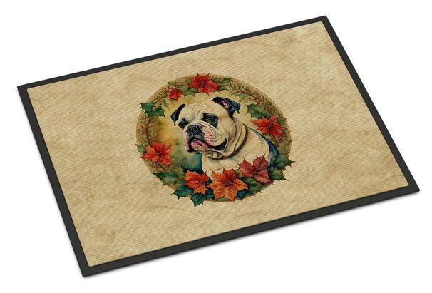 American Bulldog Christmas Flowers Doormat Front Door Mat Indoor Outdoor Rugs For Entryway, Non Slip Washable Low Pile, 24H X 36W_maomaolike.com