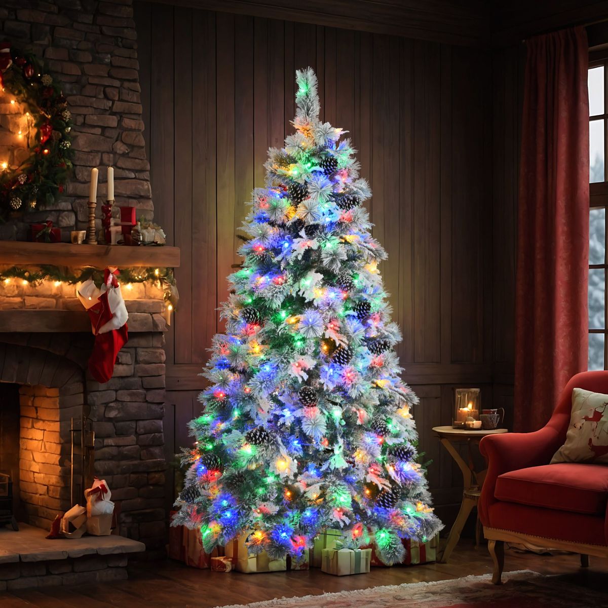 6FT Pre-Lit Spruce Snow Flocked Christmas Tree With Pine Cones, Artificial Xmas Tree With 403 Branch Tips,Mixed PE & PVC Branches, 250 Multi-Color LED Lights, 11 Flashing Modes, Holiday Décor_maomaolike.com