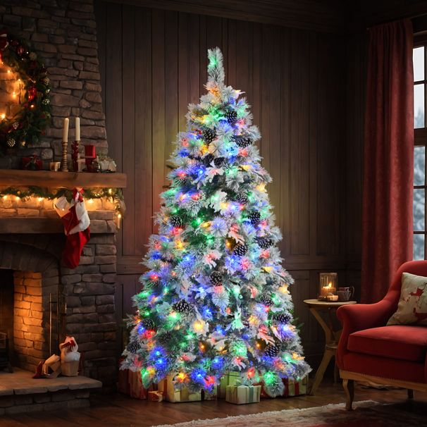 6FT Pre-Lit Spruce Snow Flocked Christmas Tree With Pine Cones, Artificial Xmas Tree With 403 Branch Tips,Mixed PE & PVC Branches, 250 Multi-Color LED Lights, 11 Flashing Modes, Holiday Décor_maomaolike.com