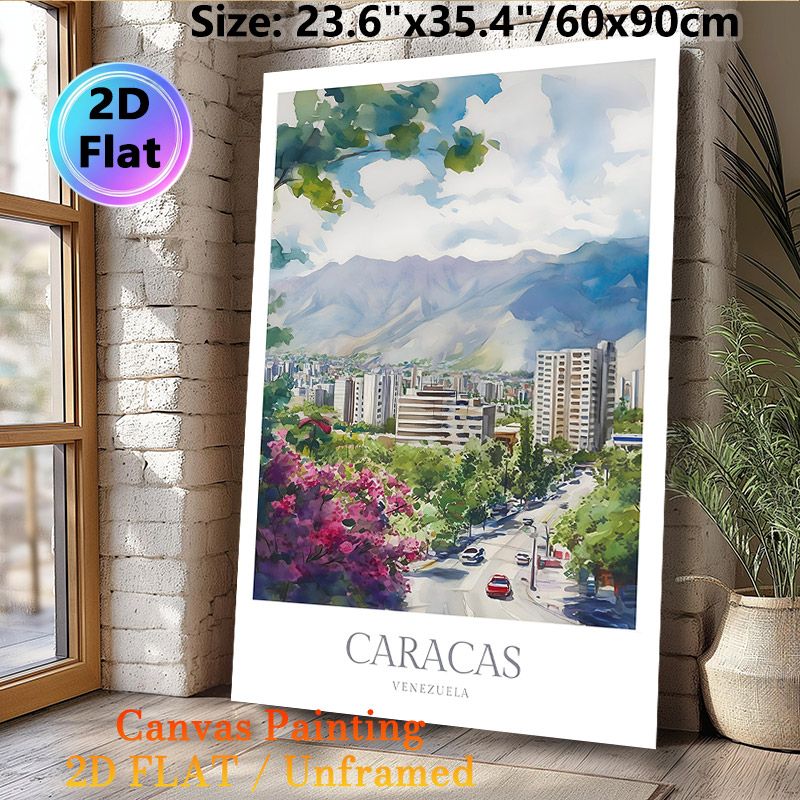 Caracas Cityscape Painting Poster, Soft Watercolor Urban Scene Poster, Features Lush Blooms, City Buildings And Mountain Backdrop, Brings Tranquil_maomaolike.com