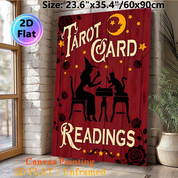 Tarot Card Readings Painting Poster, Retro Silhouette Style Poster, Witch & Black Cat Divination Scene With Moon & Roses, Ideal For Occult-Themed_maomaolike.com