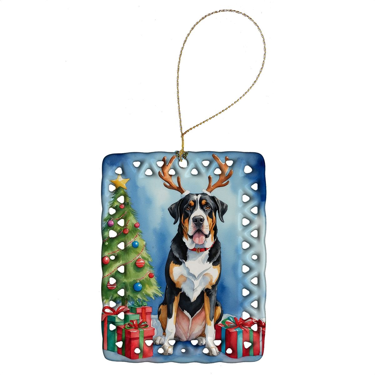 Greater Swiss Mountain Dog Christmas Reindeer Porcelain Ornament Christmas Tree Hanging Decorations For Home Christmas Holiday, Rectangle, Gift, Multicolor_maomaolike.com