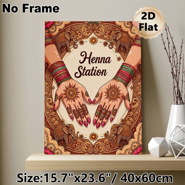 Henna Station Themed Painting Poster, Ornate Ethnic Style Poster, Rich Cultural Design Featuring Henna-decorated Hands And Adorned Elephants, Ideal_maomaolike.com