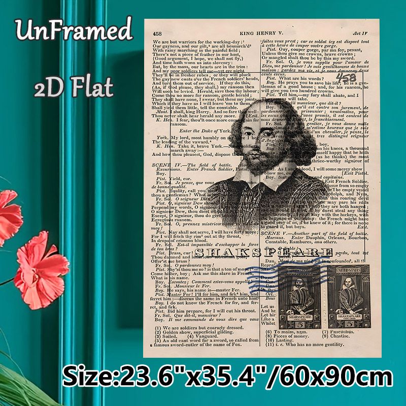 Shakespeare Themed Painting Poster, Vintage Typographic Collage Poster, Literary-inspired Decor With Shakespeare Portrait, King Henry V Text & Vintage_maomaolike.com